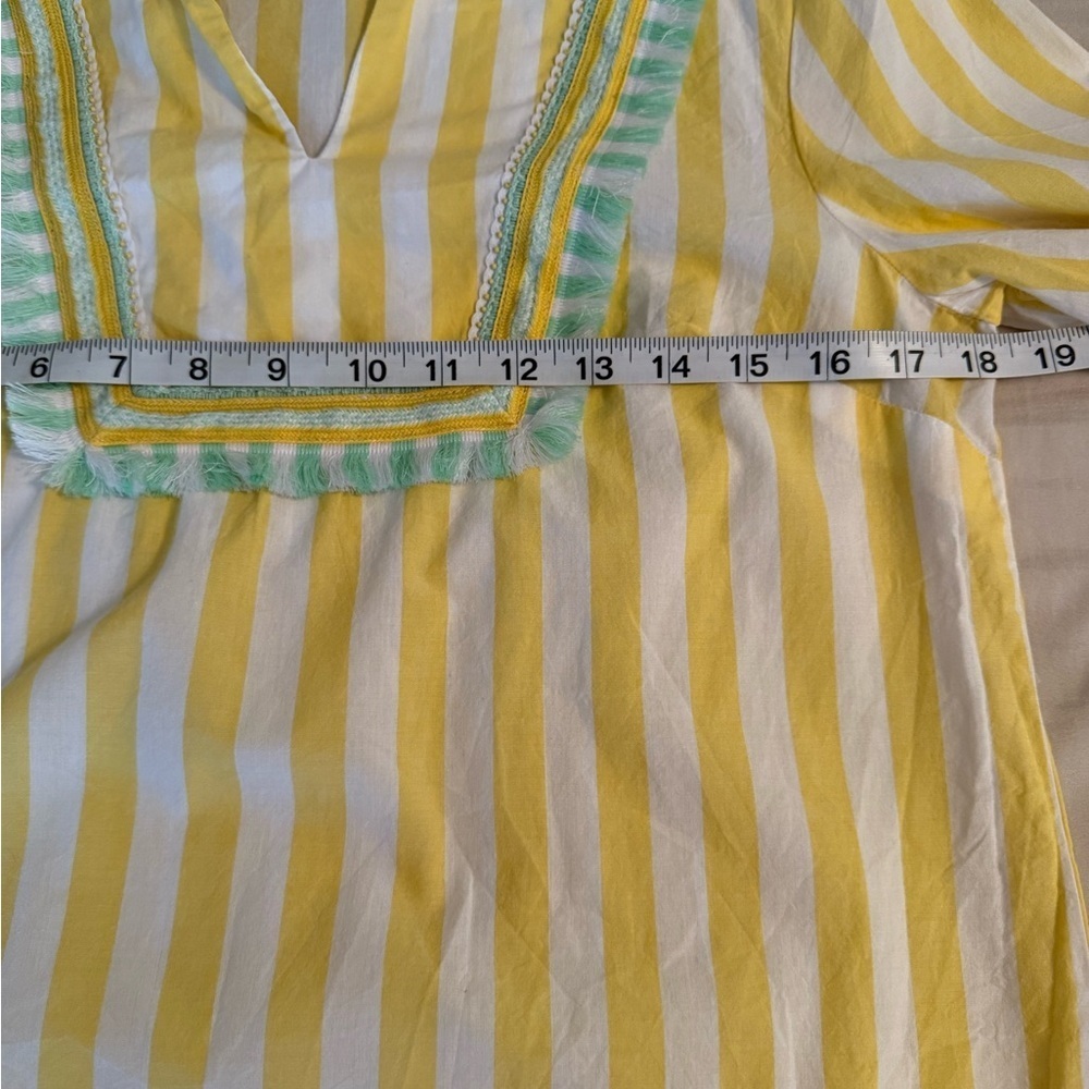 Crown & Ivy Womens Sz S Yellow White Striped Mint Fringe Beaded Tunic Top Blouse - Picture 7 of 8